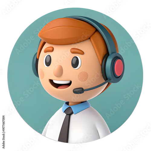 Smiling 3D Cartoon Character Providing Remote Assistance with Headset on Teal Circle