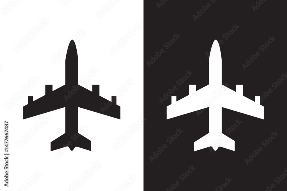 Fototapeta premium A simple flat black and white airplane symbol is isolated on a transparent background. Vector plane icon for web, infographics, signs, or app design