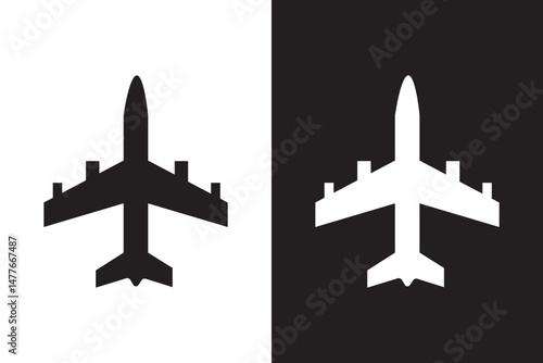 A simple flat black and white airplane symbol is isolated on a transparent background. Vector plane icon for web, infographics, signs, or app design