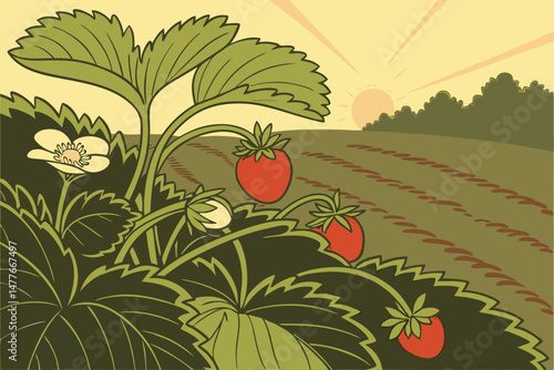 172 detailed high resolution photo, vibrant lush green foliage, bright red ripe juicy strawberries, full scale realistic natural farm garden, organic fresh produce, golden hour sunset lighting, rich v