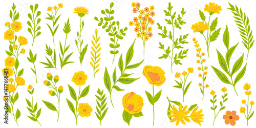 Floral set. Vector flat minimalistic illustration of flowers and leaves in flat style. Retro vintage style, hand drawn decorative elements. 60s, 70s, flower icon, pastel colors, childish cute decor.