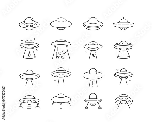 Flying saucers and ufo Icon collection containing 16 editable stroke icons. Perfect for logos, stats and infographics. Edit the thickness of the line in Adobe Illustrator (or any vector capable app).