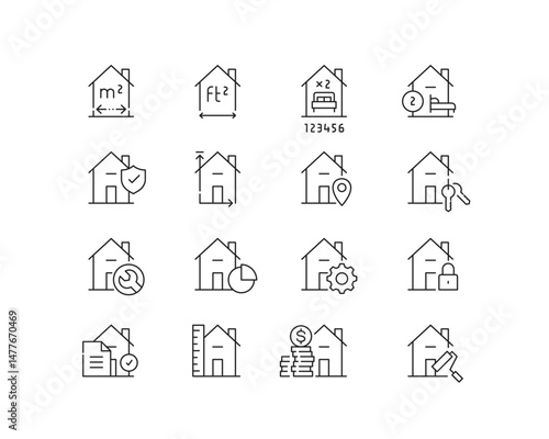 House info Icon collection containing 16 editable stroke icons. Perfect for logos, stats and infographics. Edit the thickness of the line in Adobe Illustrator (or any vector capable app).