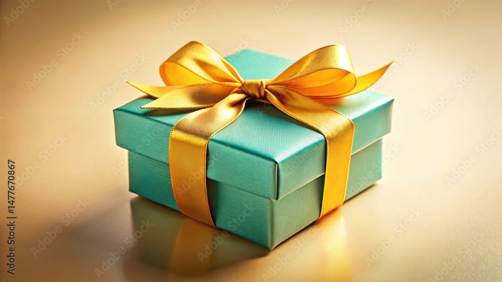 A teal gift box adorned with a luxurious golden ribbon, reflecting elegant simplicity and festive cheer A teal gift box adorned with a luxurious golden ribbon, reflecting elegant simplicity and festive cheer