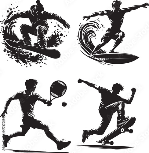 Black and white silhouettes of snowboarder surfer tennis player and skateboarder doing tricks