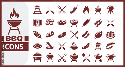 BBQ Icon Set Featuring Grilled Meat, Sausage, Barbecue Grill, Skewer, Flame, Tongs, Kebab, Steak, Charcoal, Smoke, and Outdoor Cooking Elements in Vector Illustration