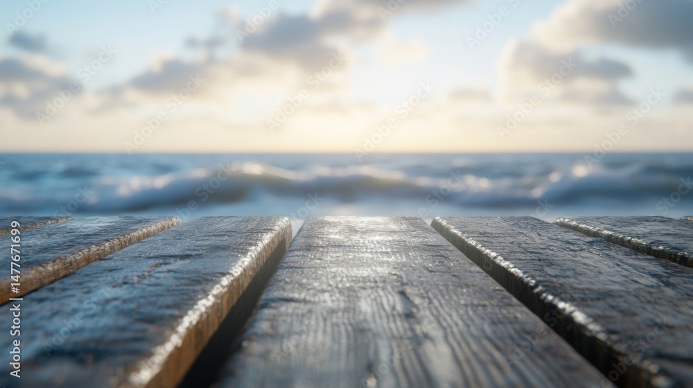 Obraz premium Wet Wooden Planks Beach Ocean Sunset