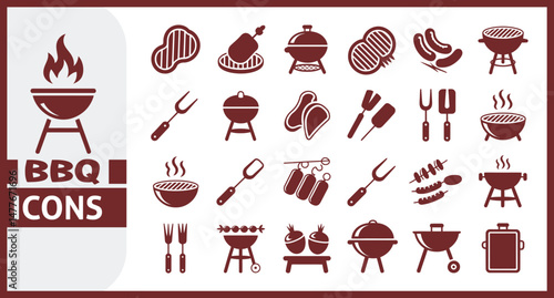 BBQ Icon Set Featuring Grilled Meat, Sausage, Barbecue Grill, Skewer, Flame, Tongs, Kebab, Steak, Charcoal, Smoke, and Outdoor Cooking Elements in Vector Illustration