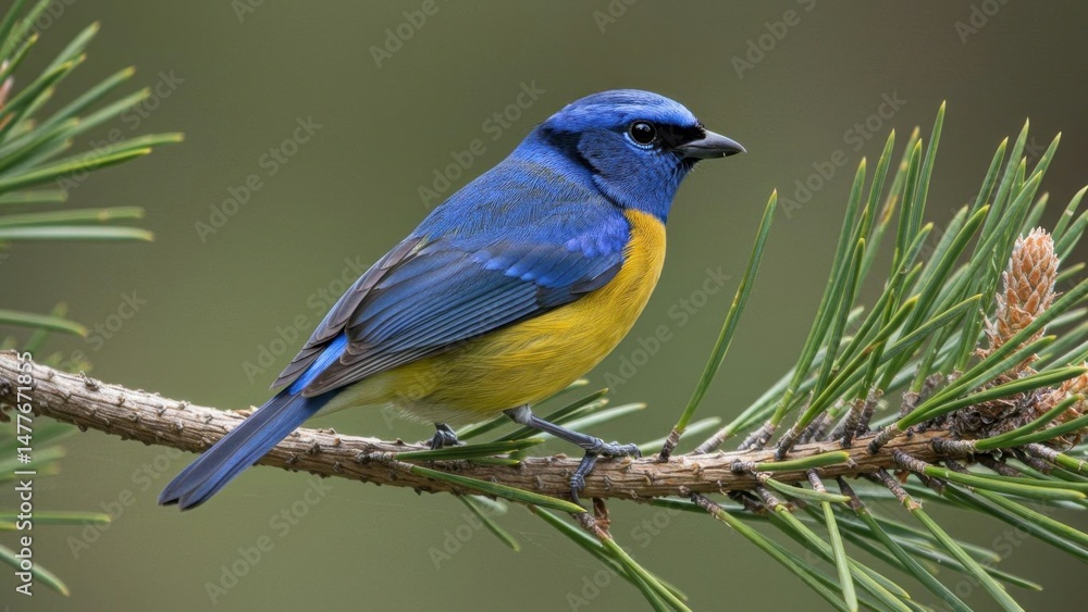 Obraz premium Vibrant blue and yellow bird perched on a pine branch