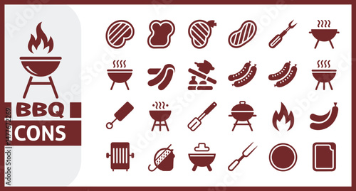 BBQ Icon Set Featuring Grilled Meat, Sausage, Barbecue Grill, Skewer, Flame, Tongs, Kebab, Steak, Charcoal, Smoke, and Outdoor Cooking Elements in Vector Illustration