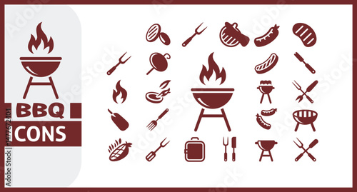 BBQ Icon Set Featuring Grilled Meat, Sausage, Barbecue Grill, Skewer, Flame, Tongs, Kebab, Steak, Charcoal, Smoke, and Outdoor Cooking Elements in Vector Illustration
