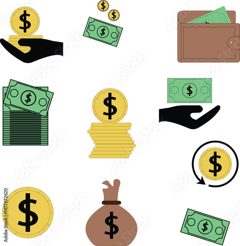 Set of money and finance icons with coins, cash, wallet, hands, and bags. Ideal for business, economy, banking, transactions, payments, and financial management visuals.