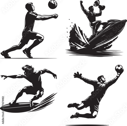 Four black and white sport icons including volleyball surfing jet ski and soccer action