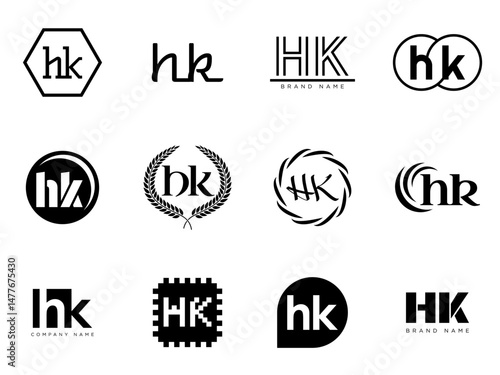 HK logo company template. Letter h and k logotype. Set different classic serif lettering and modern bold text with design elements. Initial font typography.