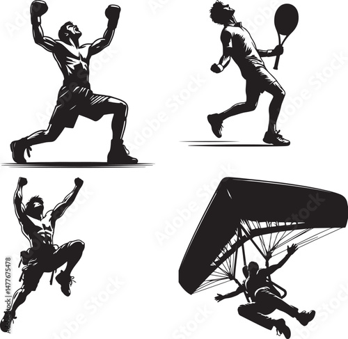 Silhouette illustration of boxer tennis player climber and hang glider celebrating