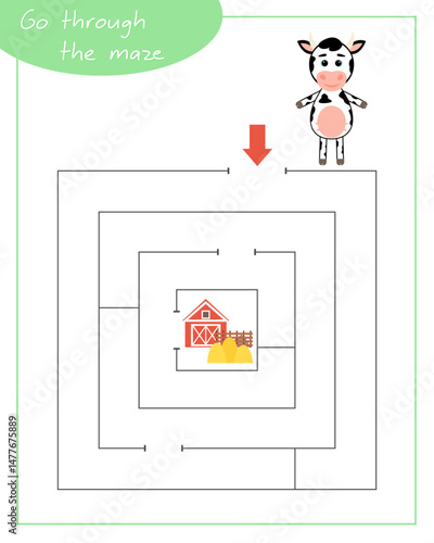 A square labyrinth with cow for children. Mini game for children. Development of logic.