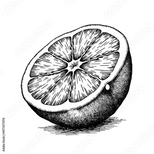 Vintage black ink sketch of a sliced orange slice with pulp on white background  