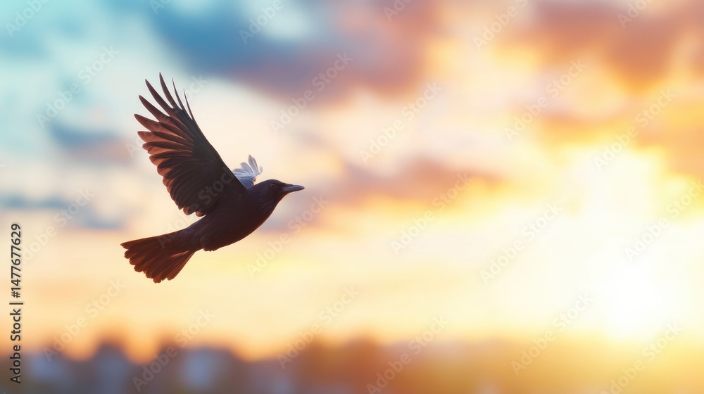 Fototapeta premium Bird in flight against a colorful sunset sky freedom and wildlife in nature