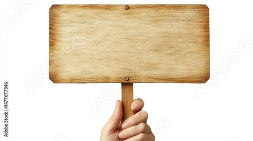 Hand holds wooden sign, rustic style
