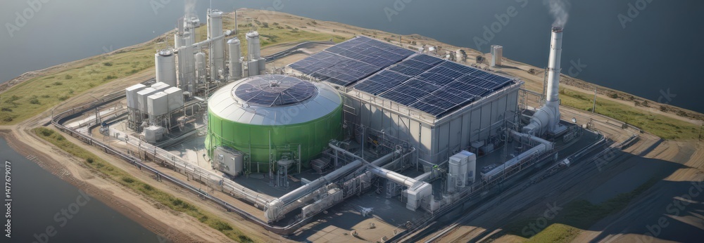 Isometric view of a hydrogen power plant fueled by solar energy Green technology, clean energy , renewable energy, solar cell, production Isometric view of a hydrogen power plant fueled by solar energy Green technology, clean energy , renewable energy, solar cell, production