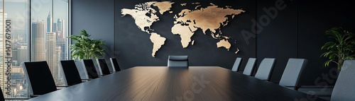 Modern Conference Room with World Map and City View. Generative AI