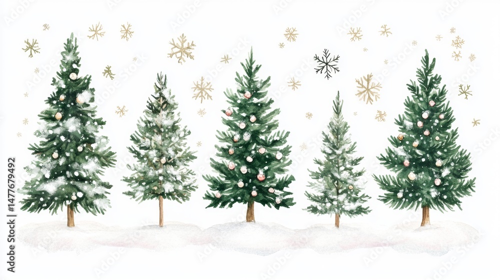 Obraz premium Festive watercolor pine trees in a winter landscape soft snowfall holiday theme serene viewpoint
