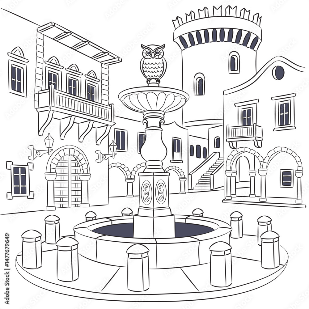 Fototapeta premium Hippocrates Square in Rhodes, Greece illustration