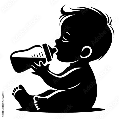 Infant baby drinks milk from a baby bottle, stylish Black Silhouette Vector on Transparent Background