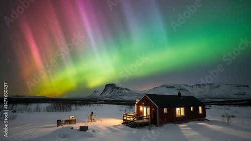 Majestic Aurora Borealis Dancing Above a Cozy Cabin in a Snowy Landscape