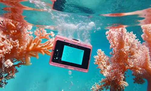 Wallpaper Mural Underwater view of a smartphone submerged among vibrant coral reefs, showcasing marine life Torontodigital.ca
