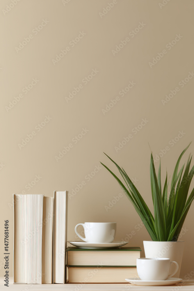 Fototapeta premium minimalist scene showcasing neatly arranged items like books cups and plants emphasizing order and harmony