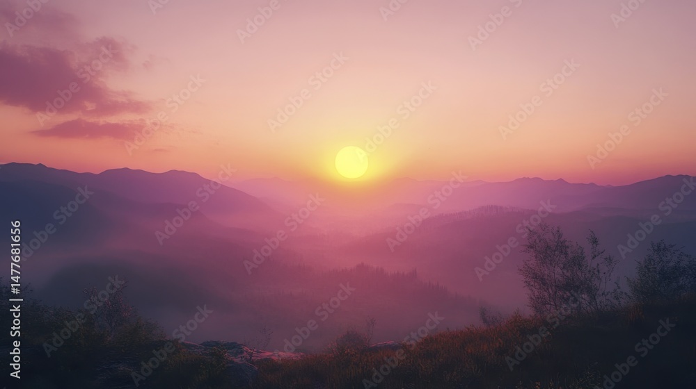 Obraz premium Misty Mountain Range Landscape at Dusk with Golden Sun and Pink Sky