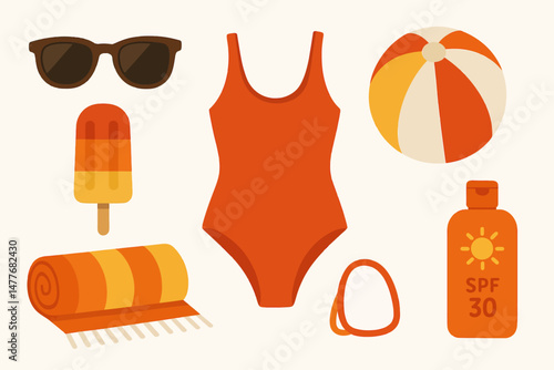 Flat Summer Vacation Essentials in Warm Colors vector