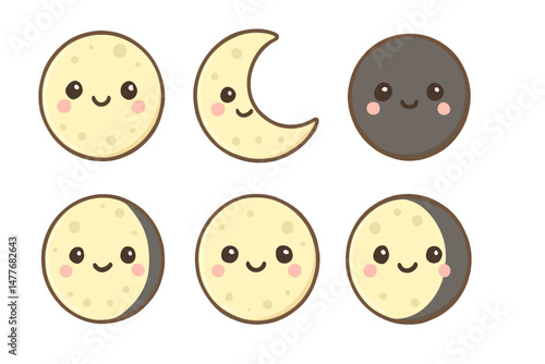 Cute Moon Phases Illustration with Kawaii Faces vector