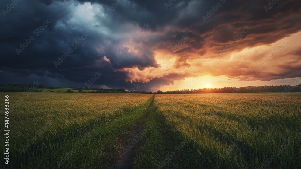 Fototapeta premium Wheat Field Path Under a Dramatic Sky with Sunset and Approaching Storm