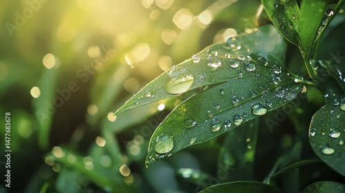 Vibrant Green Leaves Adorned with Water Droplets in Soft Sunlight