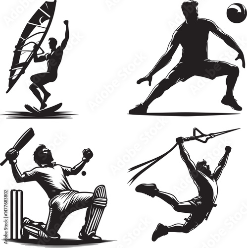 Four sports silhouettes showcasing windsurfing, soccer, cricket, and spearfishing