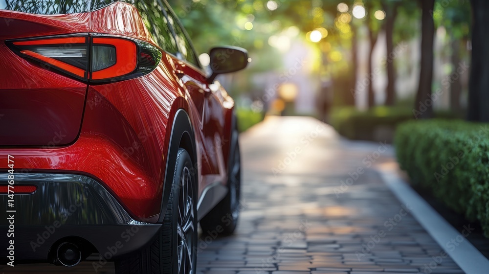 Naklejka premium Red Automobile Rear View on Cobblestone Driveway in Summer