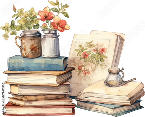 Pile of books with ribbons and flowers as back to school watercolor illustration on transparent background 4