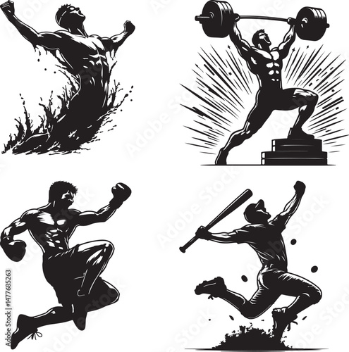 Four black and white illustrations depicting athletes in various sports poses victory