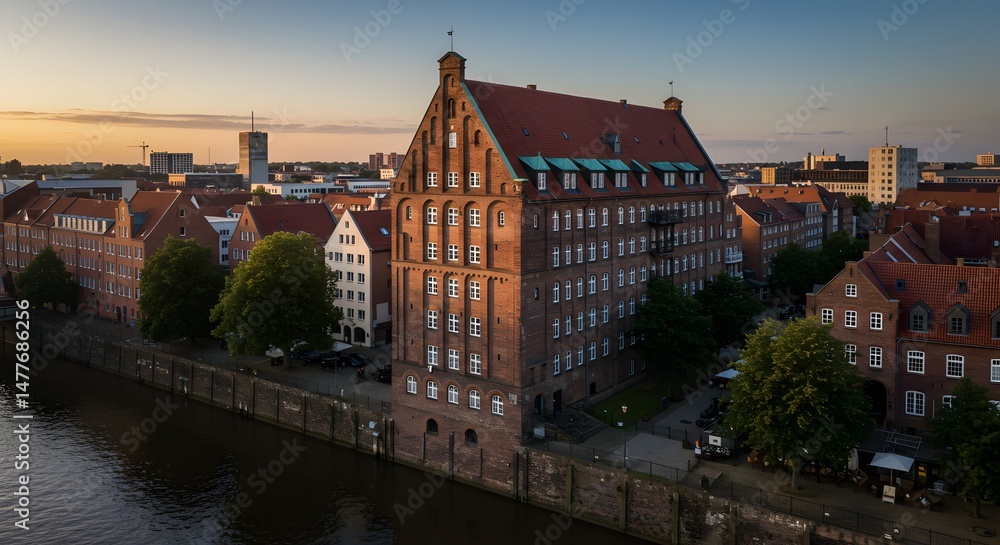 Naklejka premium Riverside Building in City at Sunrise Aerial View