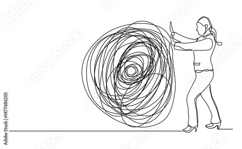 continuous line drawing of business woman push stone rock obstacle sketch editable stroke vector illustration