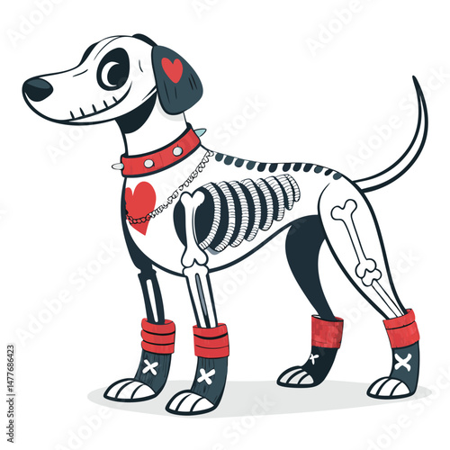 A whimsical illustration of a white skeleton dog, elegantly adorned with a black choker and gloves.  The dog is posed in a slightly playful manner.
