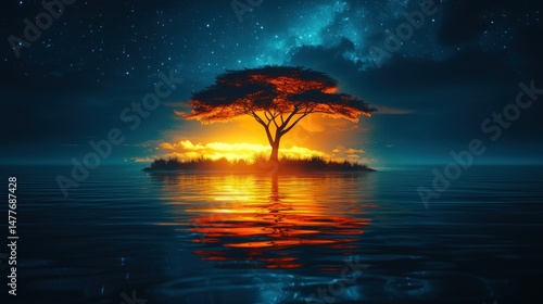 Island tree glows reflected in calm ocean under starry sky