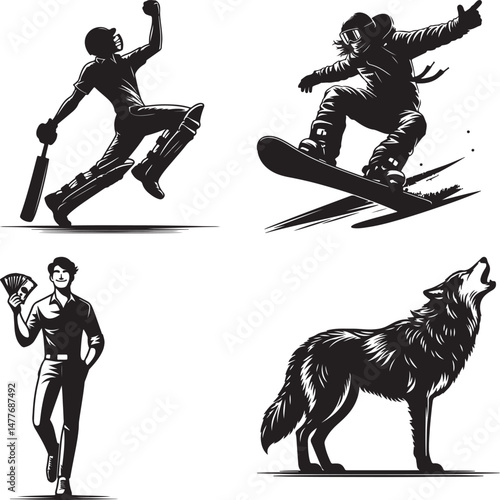 Four illustrations depicting a cricket player, snowboarder, man and a howling wolf