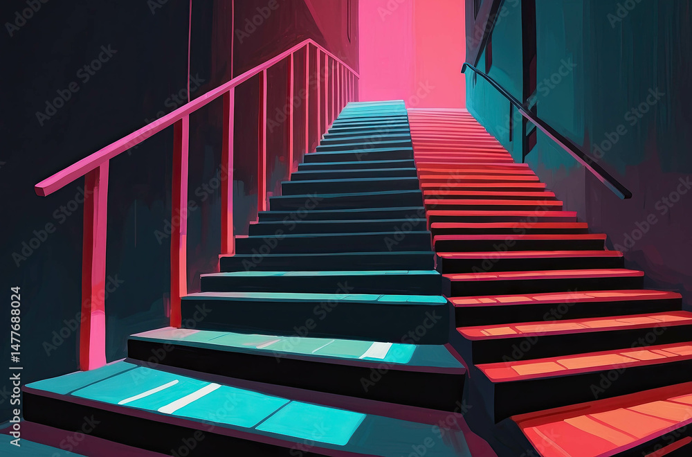 Fototapeta premium Abstract Artistic Staircase with Vibrant Neon Lights and Geometric Shapes in Modern Interior Design - 3D Effect Urban Decor and Futuristic Architectural Render with Bright Colors and Shadows
