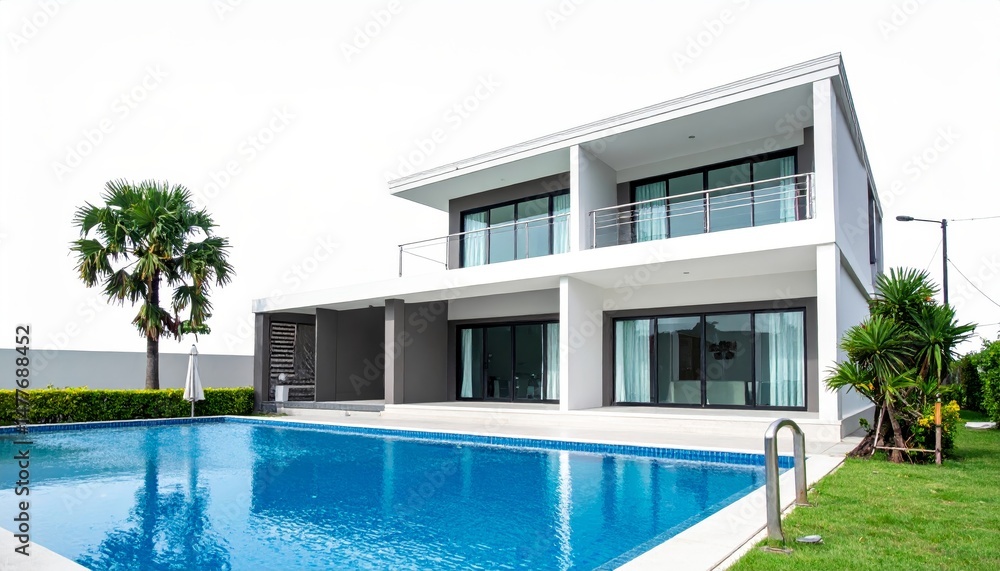 Fototapeta premium Luxury house model with swimming pool isolated on empty white background
