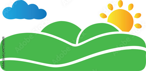Rolling Hills Landscape Vector with Sun and Cloud