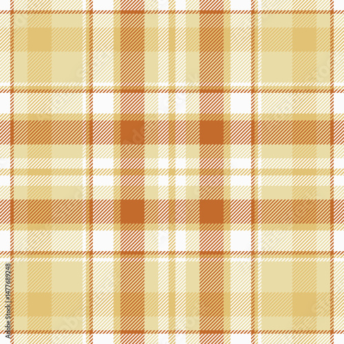 Warm autumnal plaid pattern.  Elegant, timeless design in soft gold and burnt orange hues on a crisp white background.