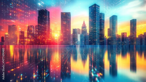 Wallpaper Mural Reflective cityscape with dazzling lights, mirrored in shimmering water Torontodigital.ca